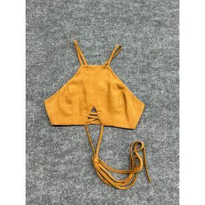 Women's XS  Brown Suede Lace Up Back Cropped Cami Tank Top Festival Boho